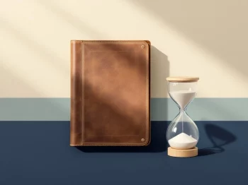Versleten leren documentenmap naast zandloper op marineblauwe achtergrond, symboliseert pensioen ondernemers pre-2006