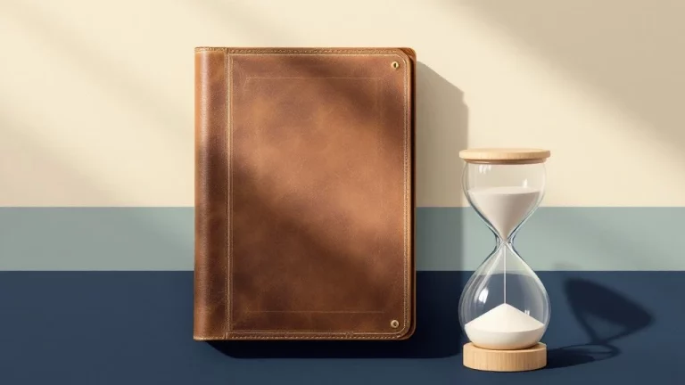 Versleten leren documentenmap naast zandloper op marineblauwe achtergrond, symboliseert pensioen ondernemers pre-2006