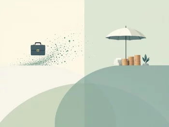 Professionele illustratie van overgang naar pensioen: werktas lost op links, beschermde spaargelden onder paraplu rechts