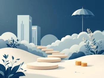 Professionele illustratie van overgangspad met stapstenen van kantoorgebouw naar huis, paraplu en munten voor pensioenplanning