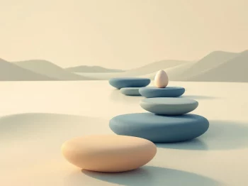 Stapsgewijze pad van blauwe en beige stenen naar horizon met nest-ei, symboliseert pensioenreis en financiële zekerheid