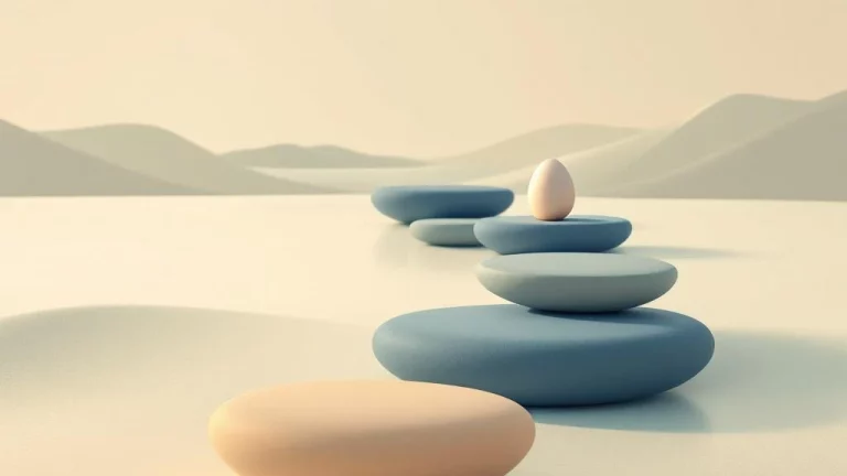 Stapsgewijze pad van blauwe en beige stenen naar horizon met nest-ei, symboliseert pensioenreis en financiële zekerheid