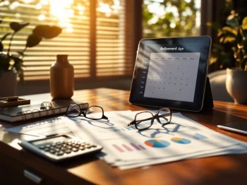 Houten bureau met pensioenplanningsdocumenten, rekenmachine, bril en tablet met financiële grafieken bij zonlicht