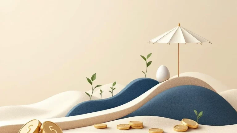 Tijdlijn met blauwe markers naar nestei-symbool, groene zaailingen, munten en paraplu op beige achtergrond voor pensioenplanning