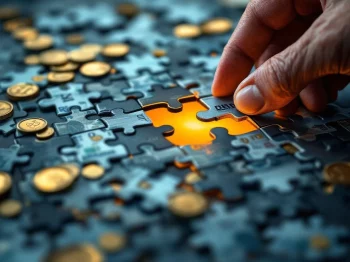 Handen plaatsen laatste puzzelstuk in financiële puzzel met euromunten en -biljetten, gloeiend stuk symboliseert pensioen.