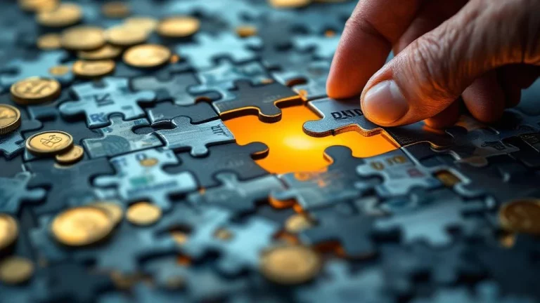 Handen plaatsen laatste puzzelstuk in financiële puzzel met euromunten en -biljetten, gloeiend stuk symboliseert pensioen.
