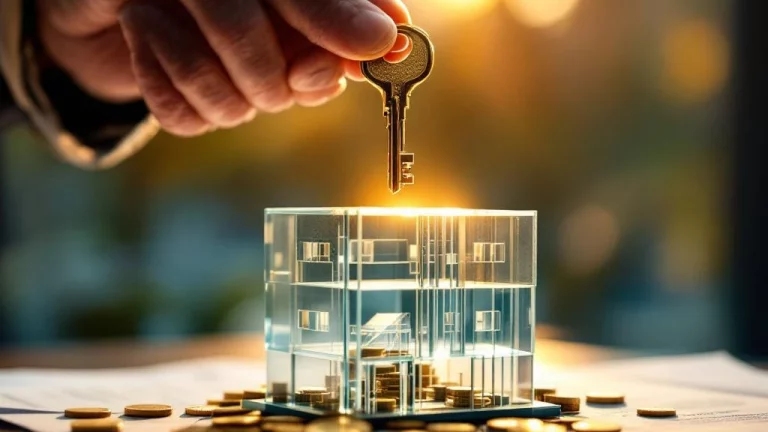 Verweerde handen houden gouden sleutel boven glazen gebouwmodel met pensioenplannen en munten, symboliseert pensioenzekerheid