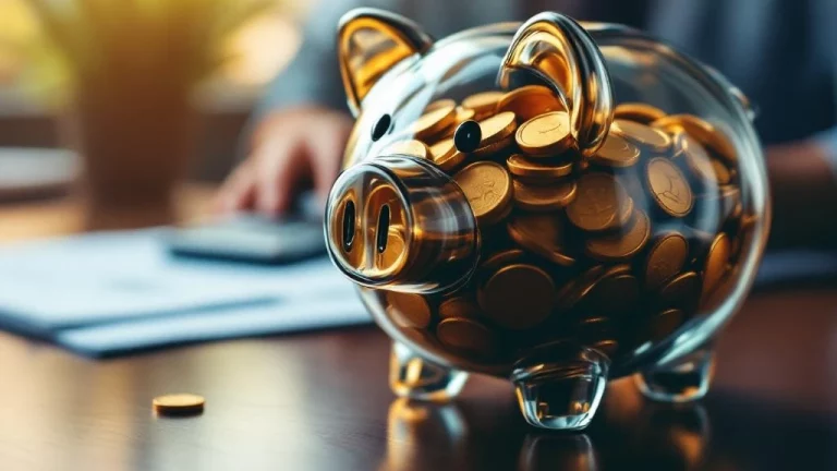 Glazen spaarvarken met gouden munten op mahonie bureau met financiële documenten en rekenmachine voor pensioenplanning