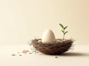 Nest ei en groeiende plant in zachte marineblauw en beige tinten, symboliseert pensioensparen via lijfrentes