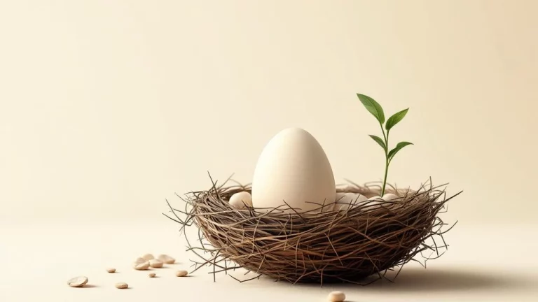 Nest ei en groeiende plant in zachte marineblauw en beige tinten, symboliseert pensioensparen via lijfrentes