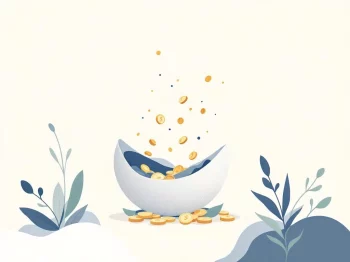 Geldstroom die in een nest-ei vorm vloeit, professionele illustratie in marineblauw en beige tinten voor financiële zekerheid