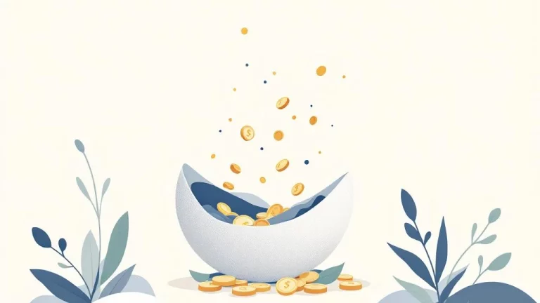 Geldstroom die in een nest-ei vorm vloeit, professionele illustratie in marineblauw en beige tinten voor financiële zekerheid