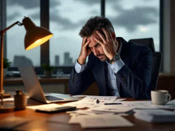 Bezorgde zakenman houdt hoofd vast terwijl hij naar dalende financiële grafieken op laptop kijkt aan bureau
