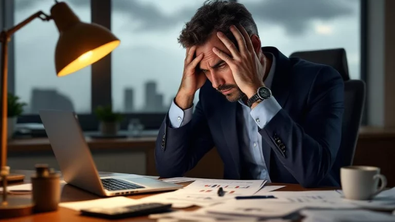 Bezorgde zakenman houdt hoofd vast terwijl hij naar dalende financiële grafieken op laptop kijkt aan bureau