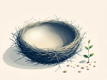 Leeg nest symboliseert gebrek aan pensioensparen, met groeiend plantje voor hoop op financieel herstel