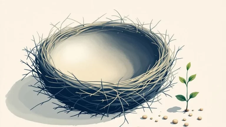 Leeg nest symboliseert gebrek aan pensioensparen, met groeiend plantje voor hoop op financieel herstel