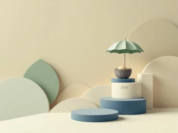 Tijdlijn met stapstenen en beschermende paraplu boven pensioennest, minimalistische compositie in navy en beige tinten