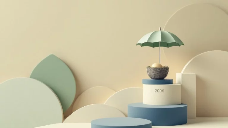 Tijdlijn met stapstenen en beschermende paraplu boven pensioennest, minimalistische compositie in navy en beige tinten