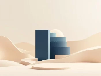 Modern gebouw met vloeiende paden in navy en zandtinten, symboliseert pensioentransitie voor ondernemers