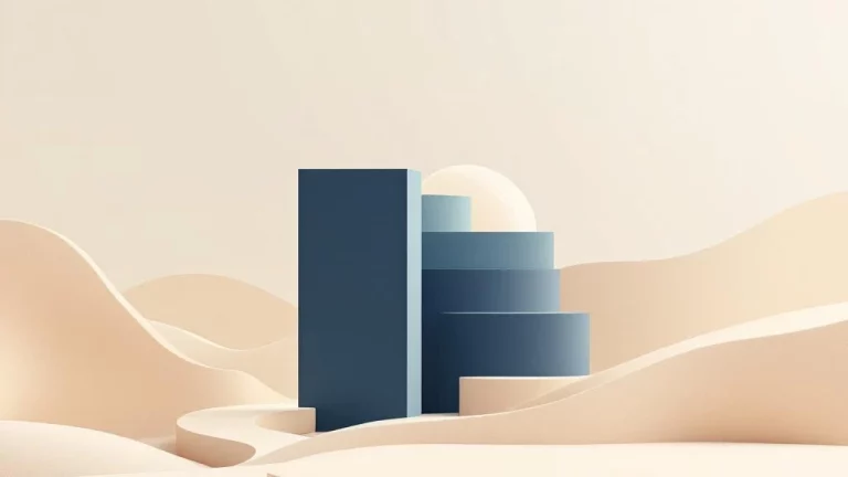 Modern gebouw met vloeiende paden in navy en zandtinten, symboliseert pensioentransitie voor ondernemers