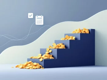 Blauwe trap met gouden munten die naar beneden stromen, calculator en kalender, illustratie financiële planning gepensioneerden