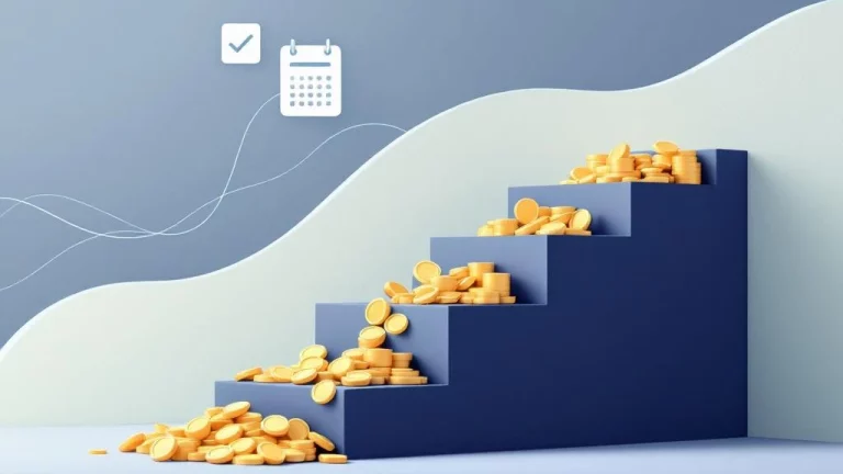 Blauwe trap met gouden munten die naar beneden stromen, calculator en kalender, illustratie financiële planning gepensioneerden