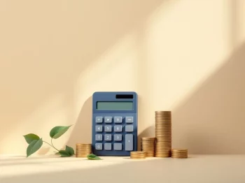 Rekenmachine en gestapelde munten voor pensioenberekening op beige achtergrond met zachte blauwe tinten