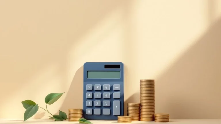 Rekenmachine en gestapelde munten voor pensioenberekening op beige achtergrond met zachte blauwe tinten