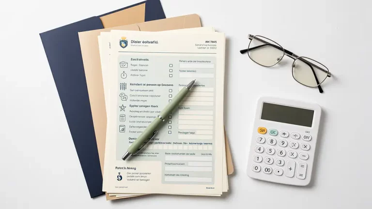 Nederlandse pensioen- en uitkeringsformulieren netjes gestapeld op wit bureau met rekenmachine, leesbril en groene pen