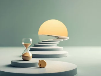 Marineblauw pad naar gloeiende horizon met zandloper en nest-ei, symboliseert pensioenuitkering reis en financiële zekerheid