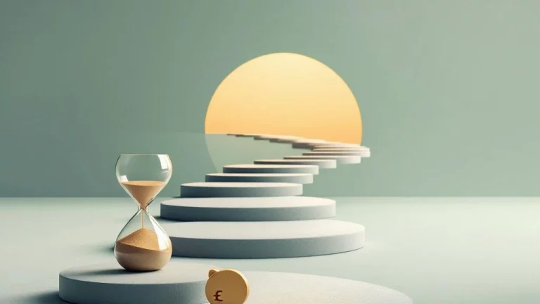 Marineblauw pad naar gloeiende horizon met zandloper en nest-ei, symboliseert pensioenuitkering reis en financiële zekerheid