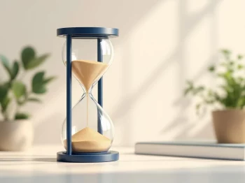Zandloper met opwaarts stromend zand op minimalistische bureau, symboliseert flexibele pensioentiming voor ondernemers