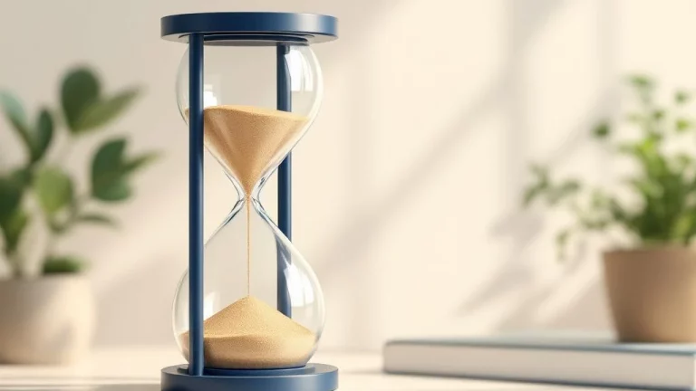 Zandloper met opwaarts stromend zand op minimalistische bureau, symboliseert flexibele pensioentiming voor ondernemers