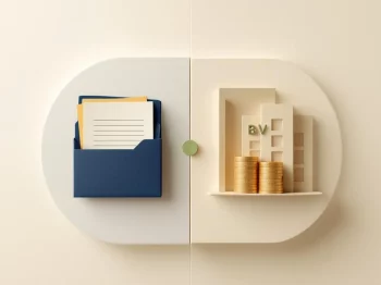 Pensioenopties vergelijking: traditionele pensioenmap en moderne BV met weegschaal, voor Nederlandse ondernemers