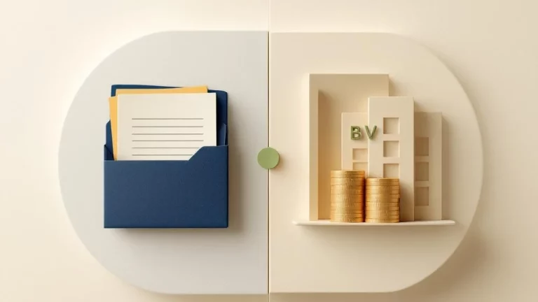 Pensioenopties vergelijking: traditionele pensioenmap en moderne BV met weegschaal, voor Nederlandse ondernemers