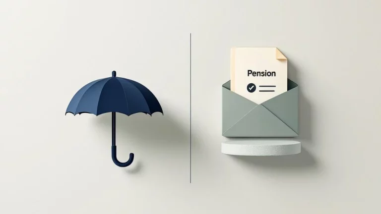 Paraplu en documentmap met pensioenpictogram verbonden door lijn, symbolen voor financiële zekerheid ondernemers