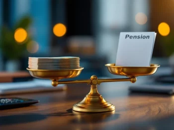 Gouden weegschaal op houten bureau met eurobiljetten en pensioendocumenten, calculator en Nederlandse financiële papieren