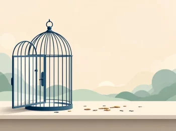 Open vogelkooi op bureau met sleutels, symboliseert financiële vrijheid en pensioenflexibiliteit voor ondernemers