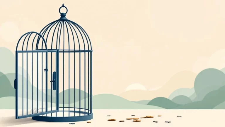 Open vogelkooi op bureau met sleutels, symboliseert financiële vrijheid en pensioenflexibiliteit voor ondernemers