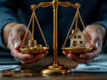 Verweerde handen houden gouden weegschaal vast met Nederlandse munten en houten huismodel voor pensioenwaarde-overdracht