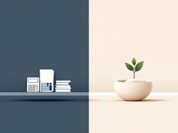 Twee pensioenroutes: werknemersbureau met calculator en ondernemer met groeiende plant in nest-ei, verenigd in harmonie