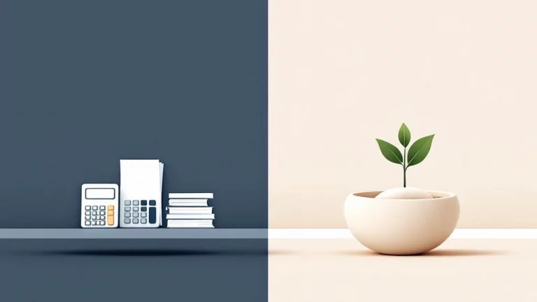 Twee pensioenroutes: werknemersbureau met calculator en ondernemer met groeiende plant in nest-ei, verenigd in harmonie