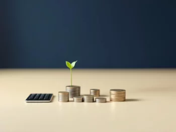 Stapel munten naast kiemende plant met rekenmachine en paraplu, symboliseert pensioengroei voor zelfstandigen