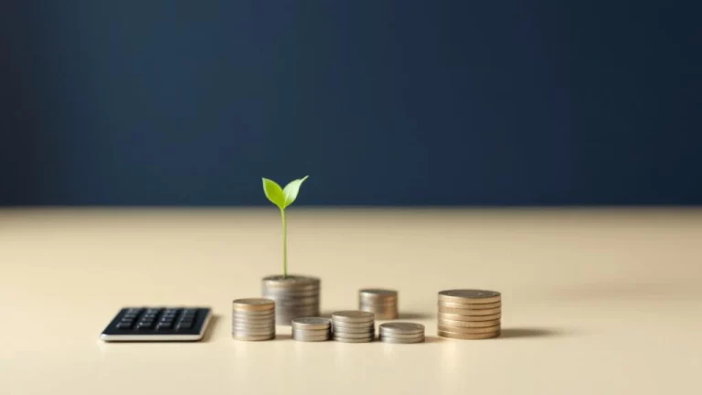 Stapel munten naast kiemende plant met rekenmachine en paraplu, symboliseert pensioengroei voor zelfstandigen