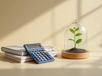 Rekenmachine naast documenten en plantje onder glazen stolp op beige achtergrond, symboliseert financiële groei en zekerheid