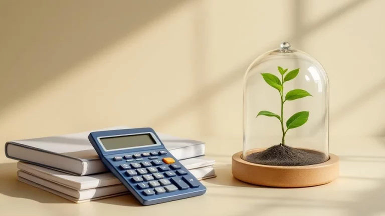 Rekenmachine naast documenten en plantje onder glazen stolp op beige achtergrond, symboliseert financiële groei en zekerheid