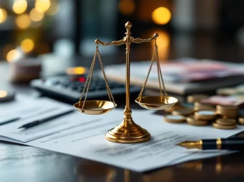 Gouden weegschaal op houten bureau met Nederlandse juridische documenten, pensioenpaperassen en euro bankbiljetten
