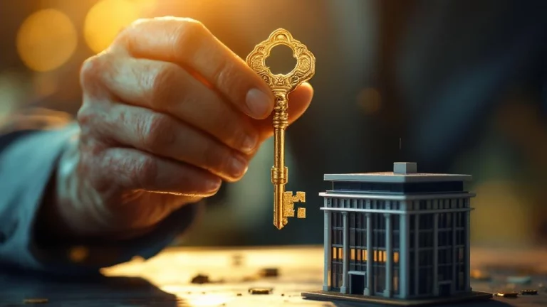 Verweerde handen houden gouden sleutel boven miniatuur kantoorgebouw, symboliseert ontgrendelen pensioenkapitaal BV