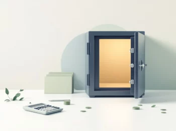 Open kluis met lege binnenkant, rekenmachine en documenten op witte ondergrond, illustreert pensioenkloof zakelijke eigenaren