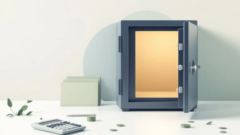 Open kluis met lege binnenkant, rekenmachine en documenten op witte ondergrond, illustreert pensioenkloof zakelijke eigenaren
